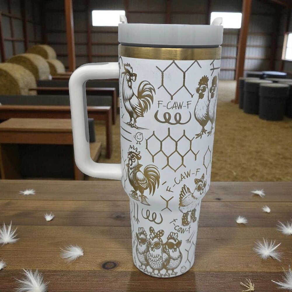 40oz Laser Engraved White Tumbler – Gold Underlay Chicken Design | “F-Caw-F” Far